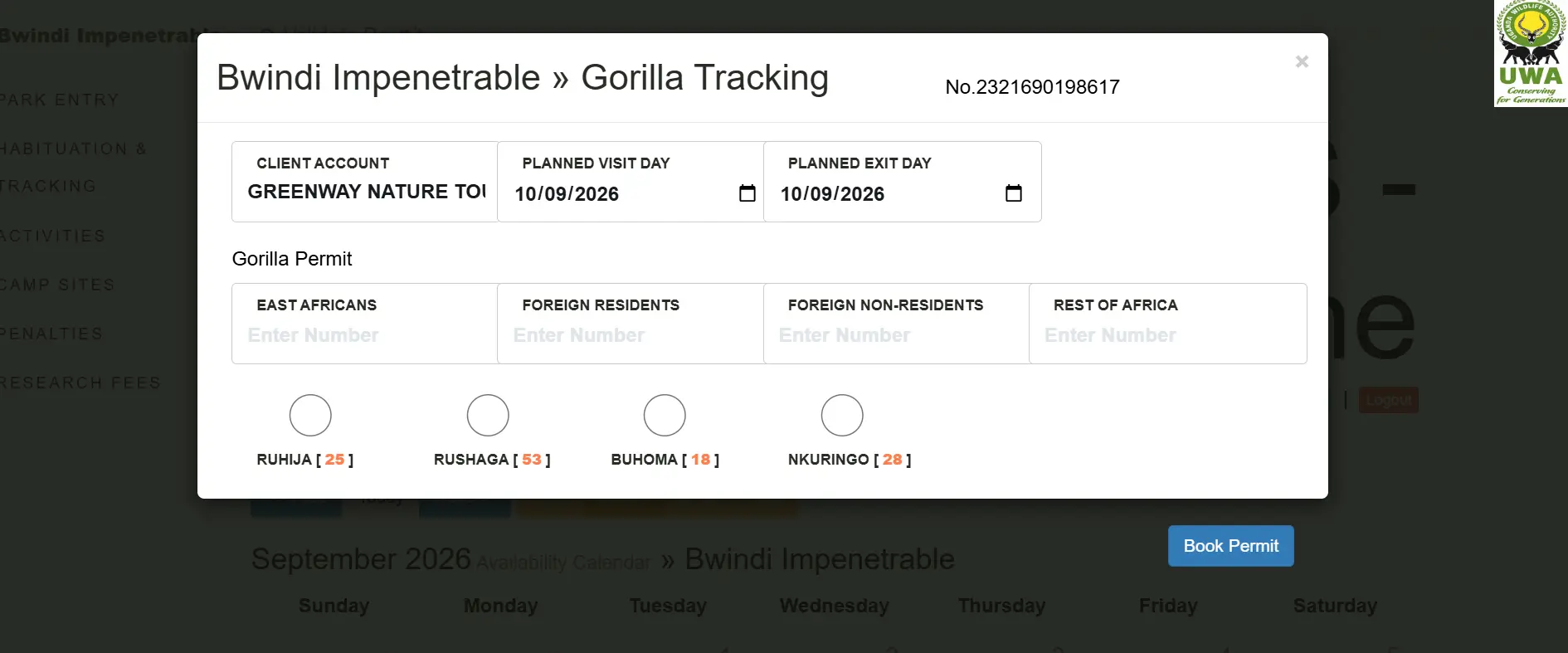 Gorilla trekking permit booking